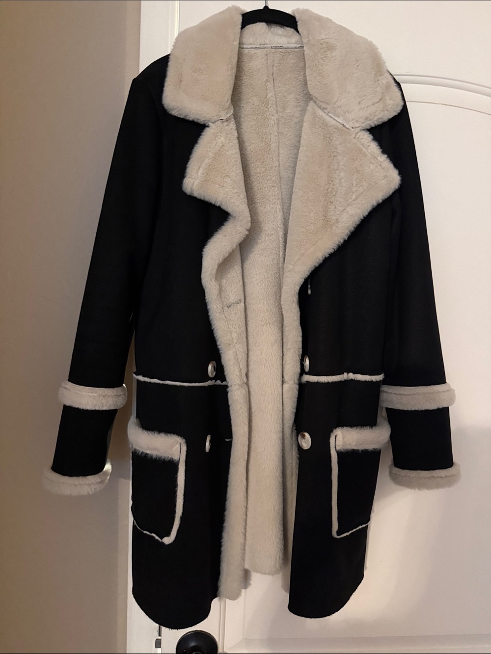 SHEIN Black Coat with Cream Faux Shearling Trim